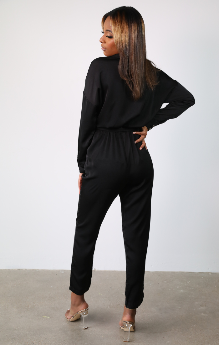 Corinne Belted Satin Jumpsuit (Black)