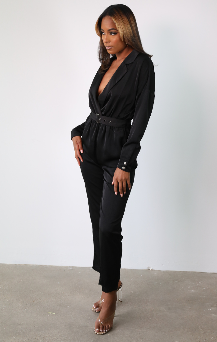 Corinne Belted Satin Jumpsuit (Black)