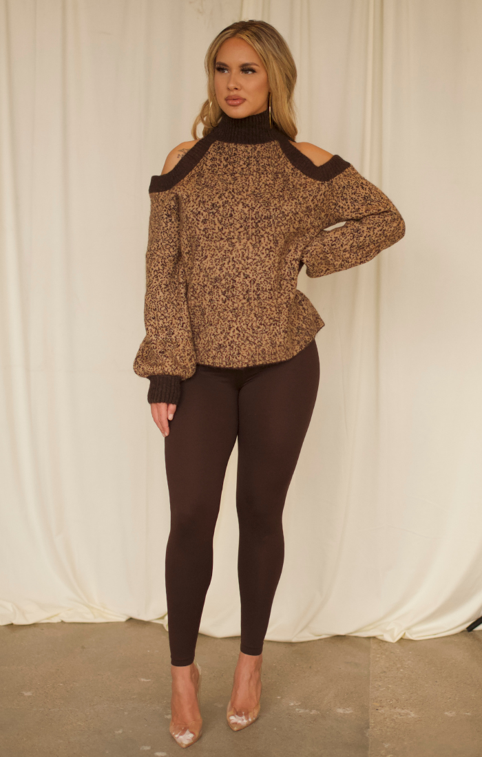 Leopard Brown Cold Shoulder Sweater