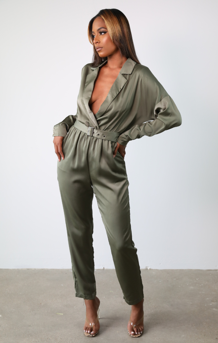 Corinne Belted Satin Jumpsuit (Black)