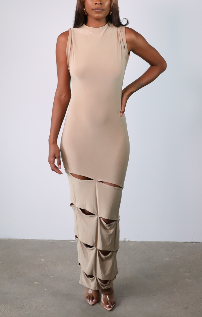 Masterpiece Ankle Maxi Dress with Drape Slits (Taupe)