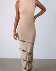 Masterpiece Ankle Maxi Dress with Drape Slits (Taupe)
