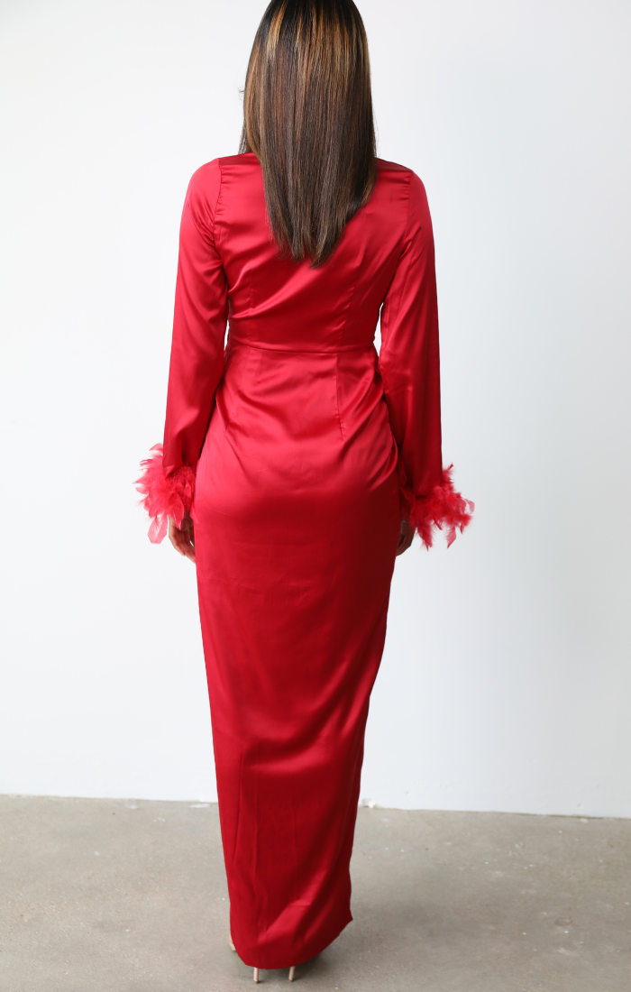 Only One Satin Long Sleeve Feather Dress (Red)