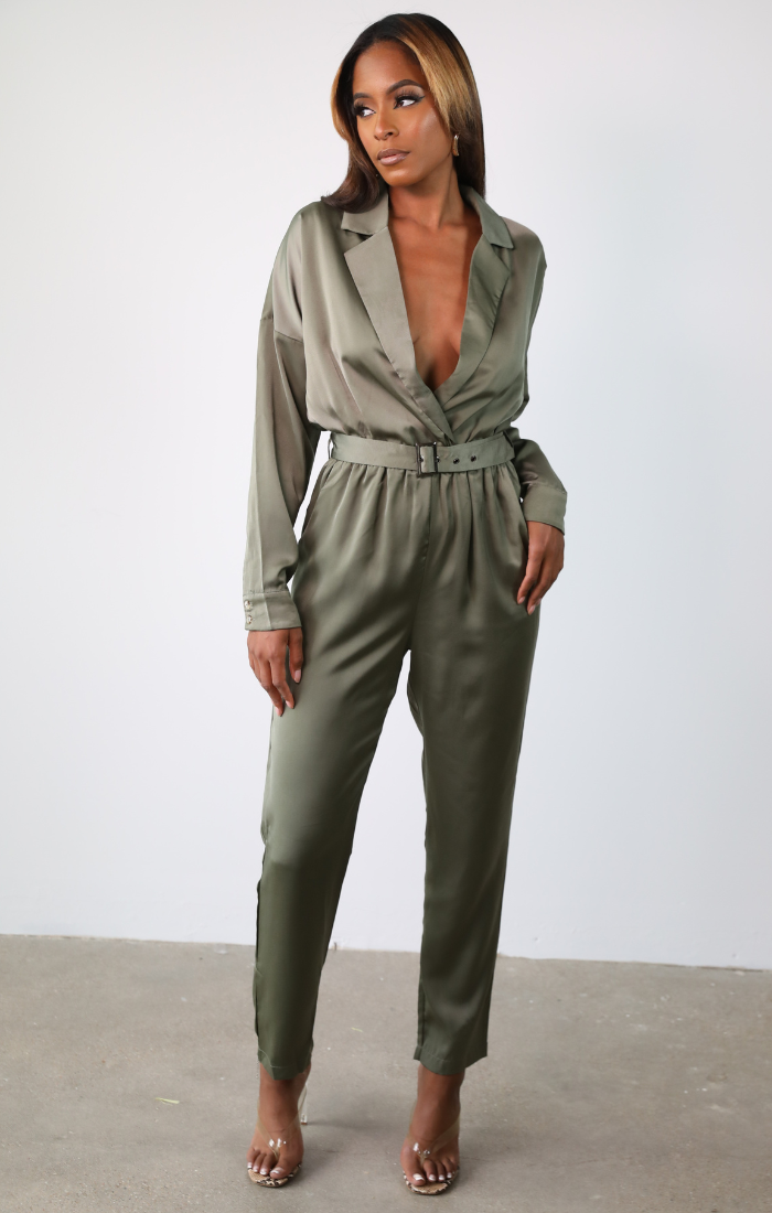 Corinne Belted Satin Jumpsuit (Black)